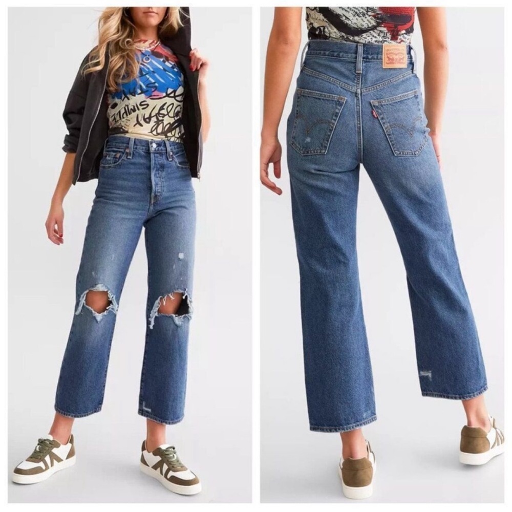 NWT Levis Ribcage Straight Ankle Jean Distressed Blue 30 × 27 Minimal Grunge